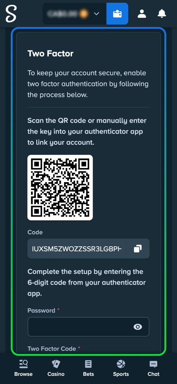 Enable two-factor authentication on Stake for extra account security.