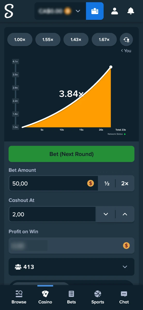 Play Stake Crash and watch the multiplier grow in real time.