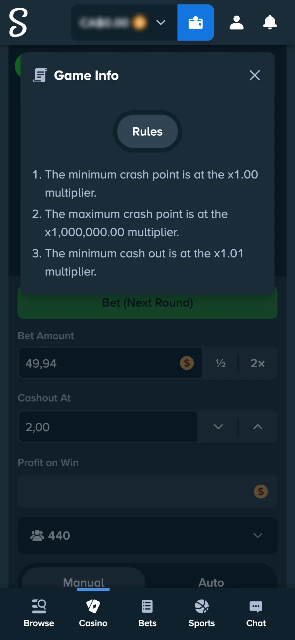 Learn rules and cashout options in Stake Crash info section.