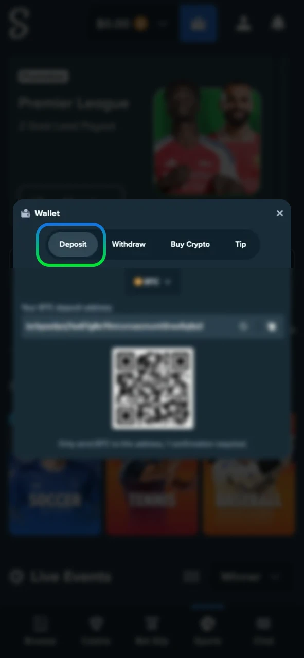 Select Deposit in your Stake Wallet to add funds.