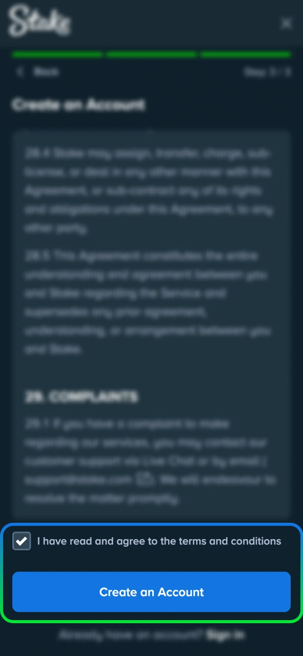 Review Stake terms, agree, and create your account.