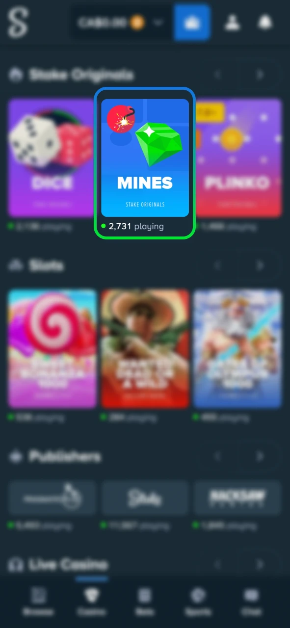 Select Casino in Stake and launch your chosen game.