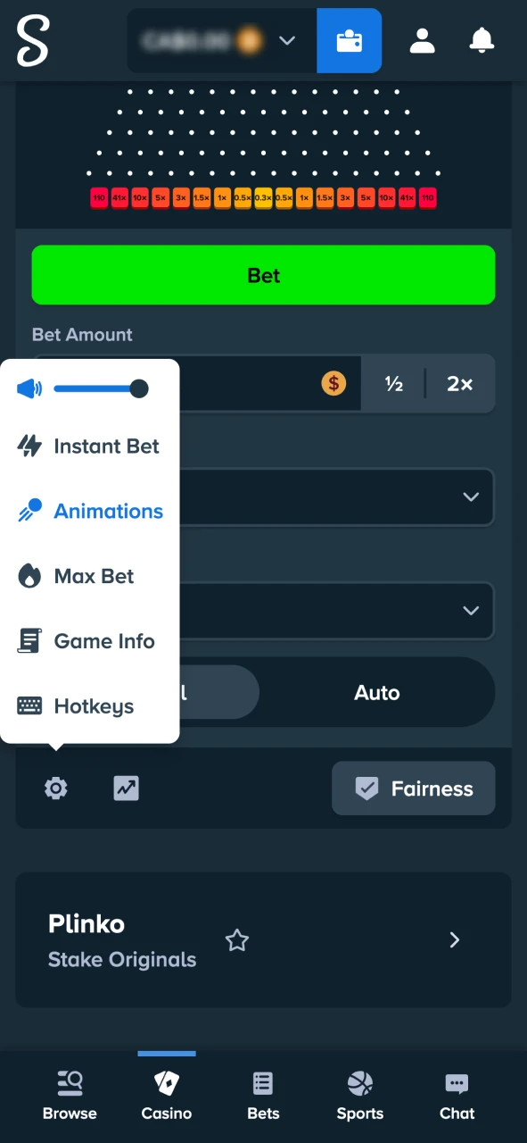 Adjust Stake Plinko settings for sound, autoplay, and speed.