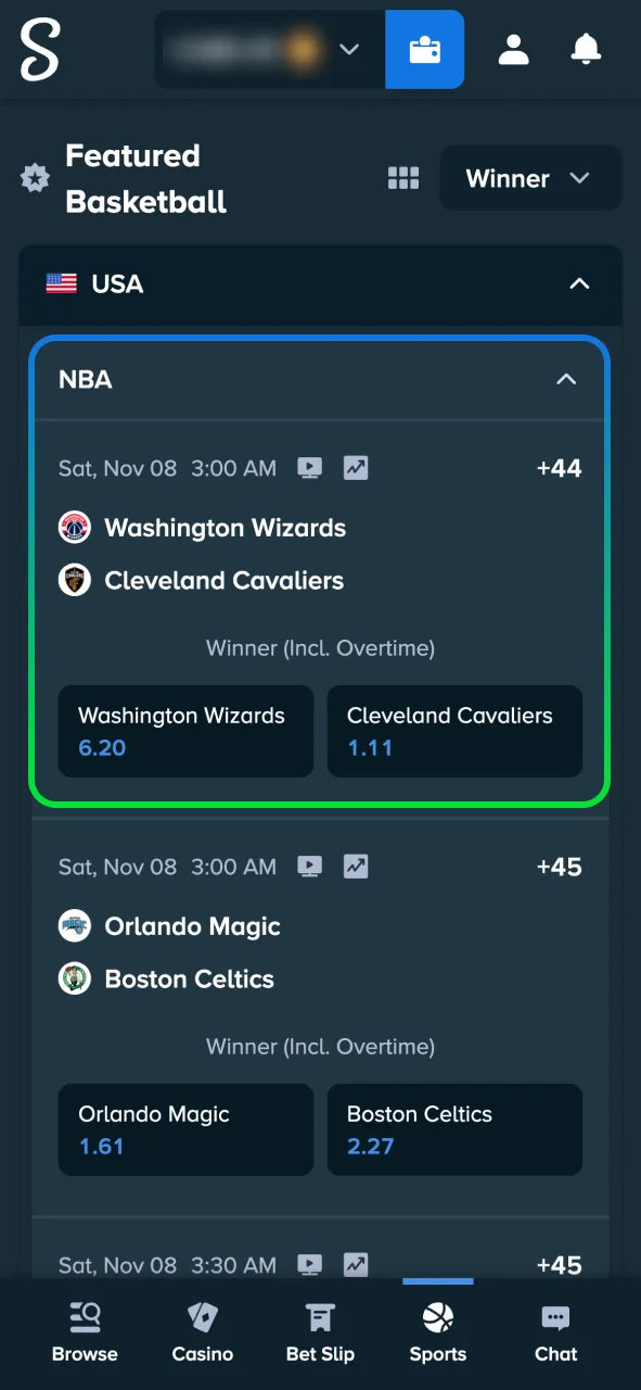 Choose your basketball event at Stake Casino, explore NBA and EuroLeague games.