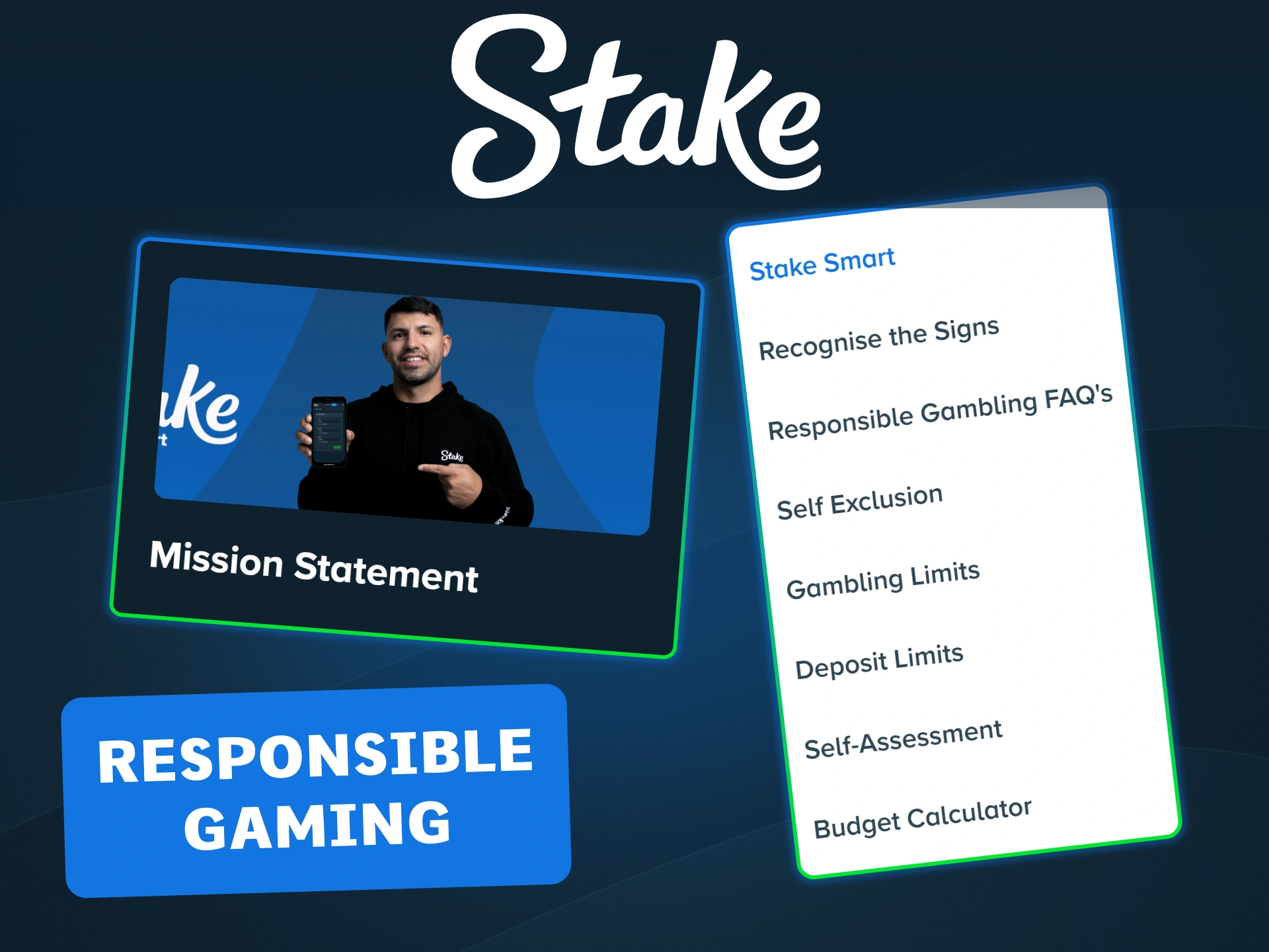 Access essential responsible gaming tools, including deposit limits and self-assessment tests, at Stake.
