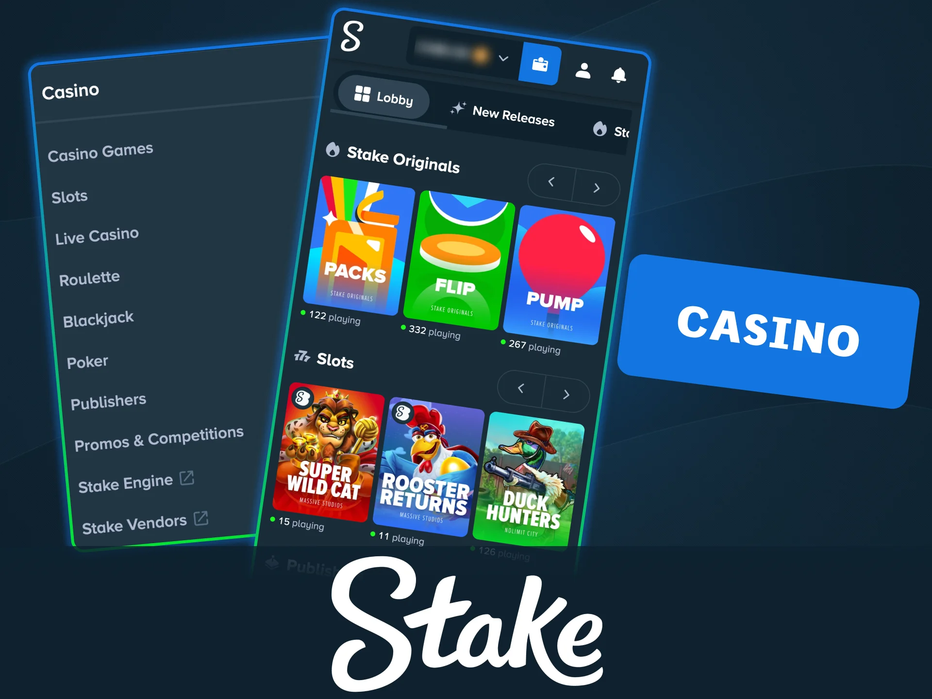 Stake casino app brings all games and lobbies together in one place.