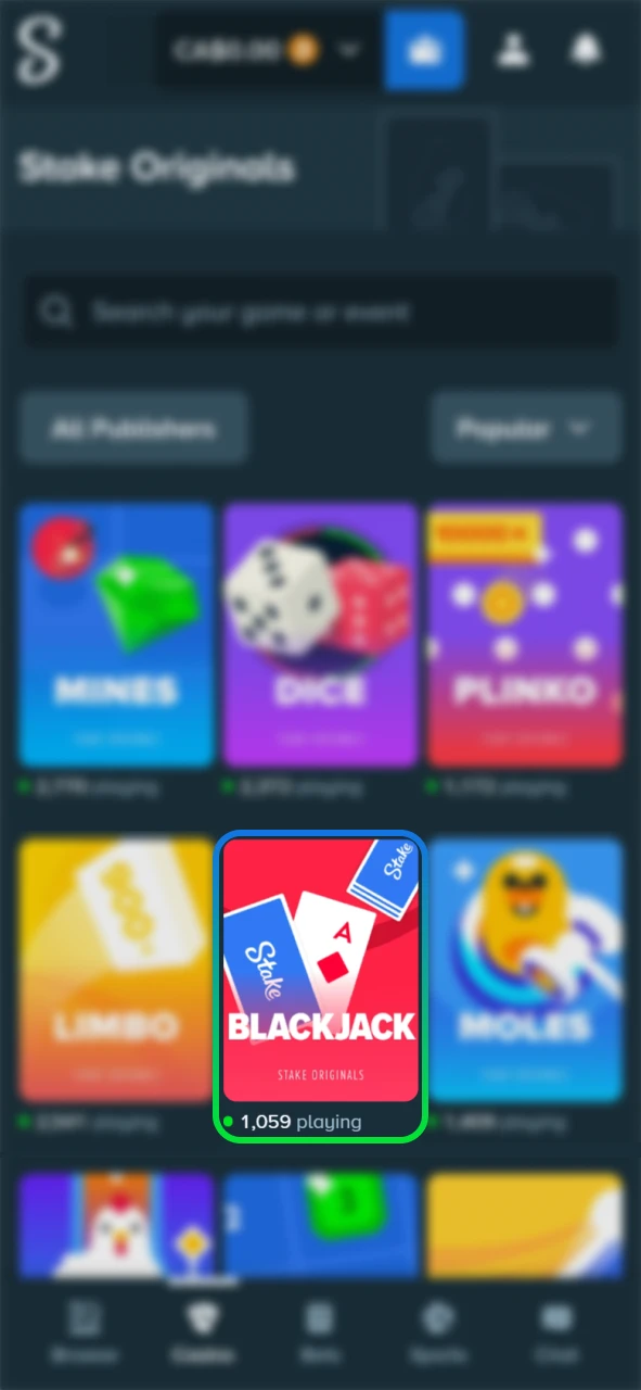 Launch the Blackjack original game on the Stake official hub.