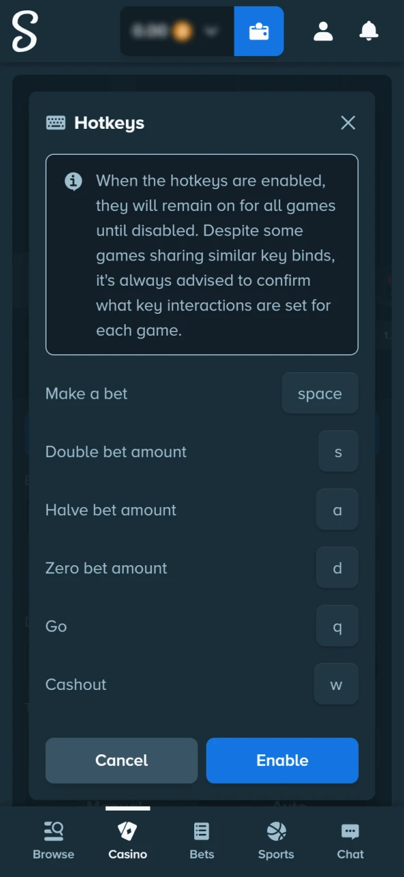 Control the Chicken game using hotkeys on the Stake official app.