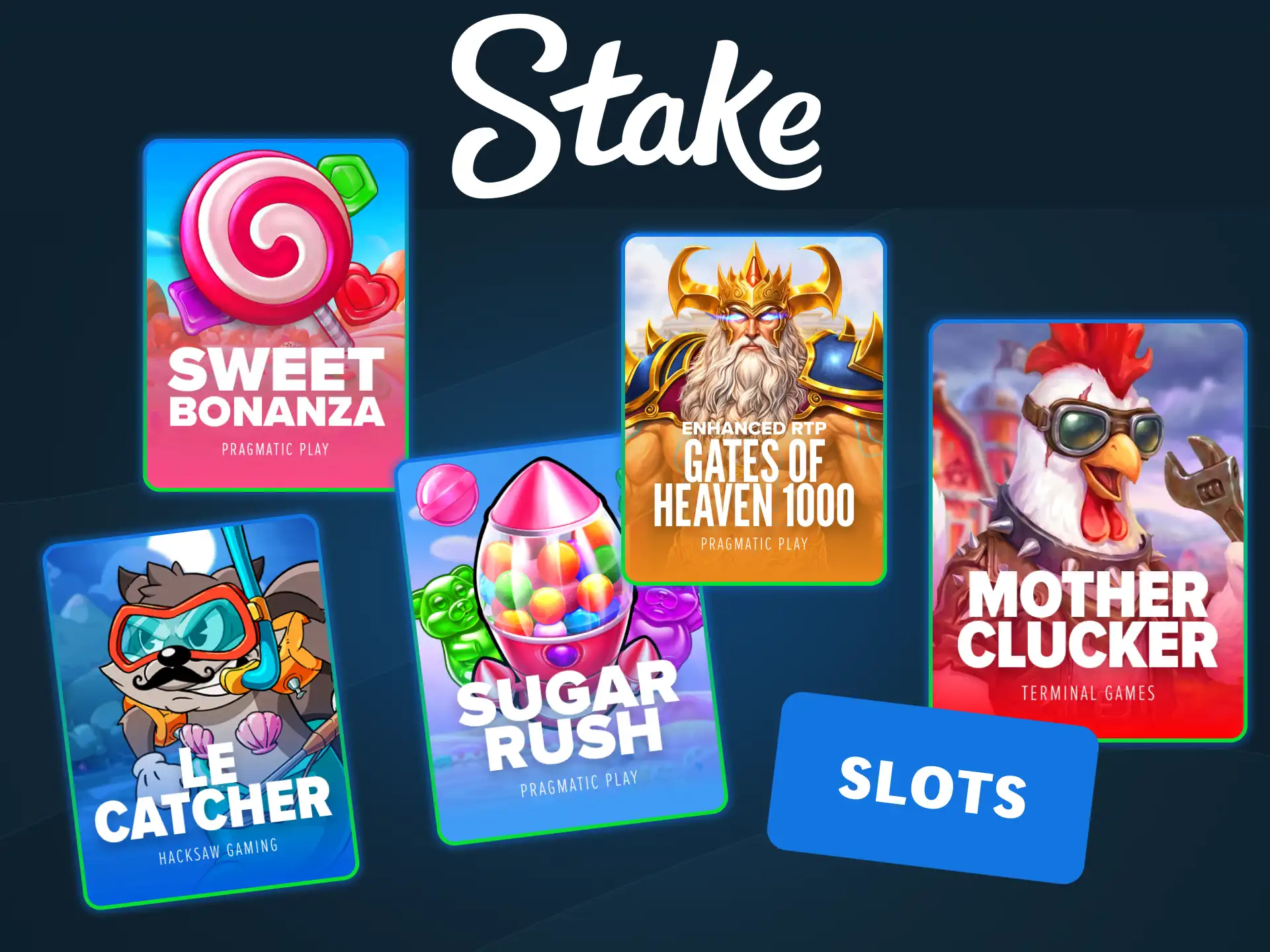 Spin popular online video slot machines at official Stake crypto casino.